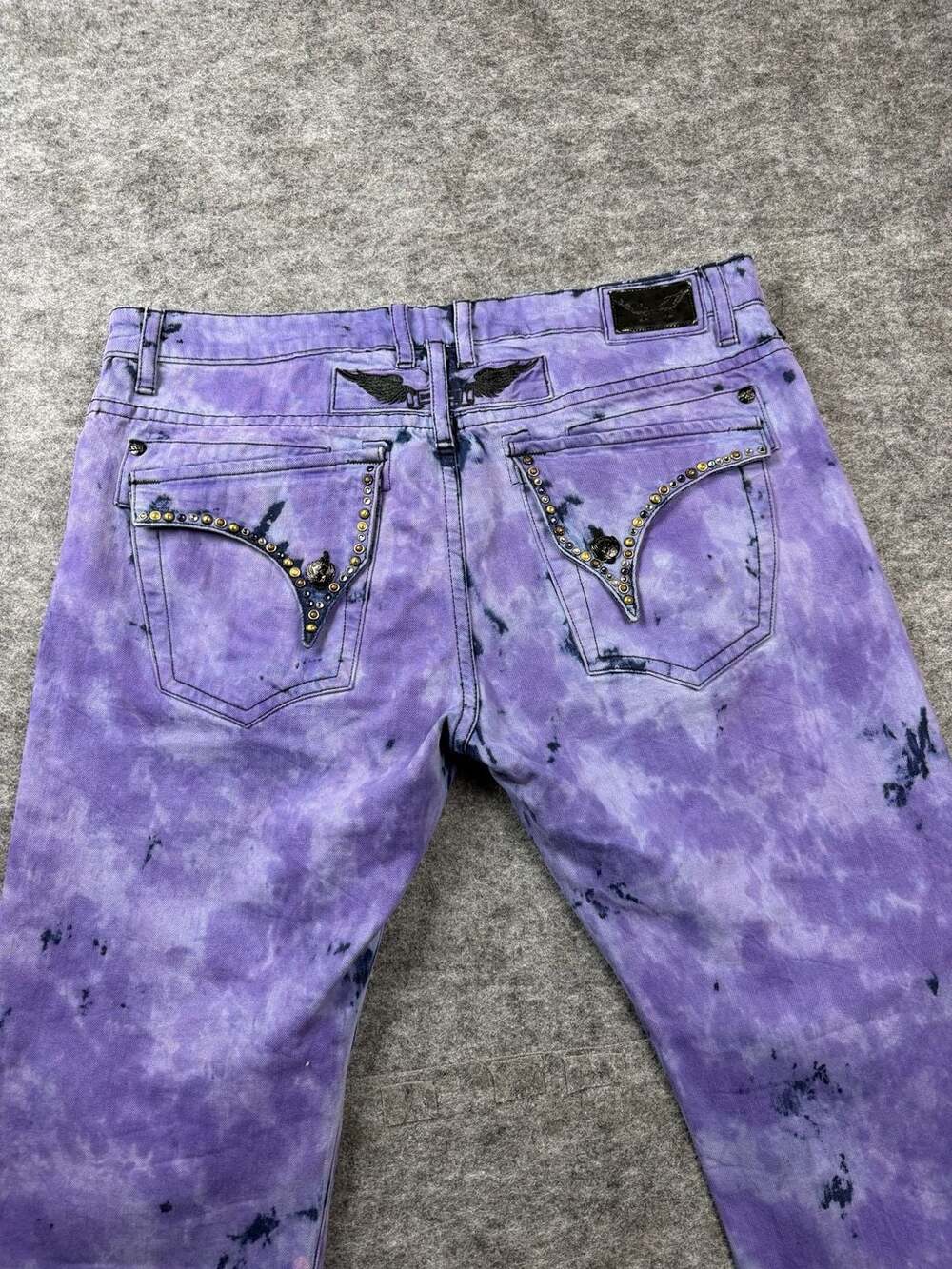 Robin's Jean Long Flap Jeans Purple Tie Dye Crystals Men’s Size 38 X 31 - Picture 1 of 10